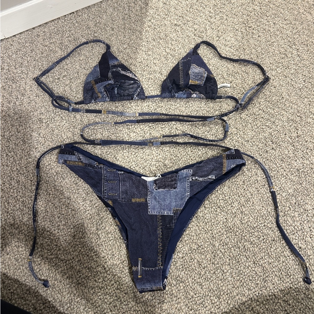 WeWoreWhat Denim Patchwork Cooper Top and Delilah Bottom Bikini